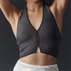By Anthropologie Seamless Carbon Glitter Lurex Cropped Halter Neck Tank Crop Top